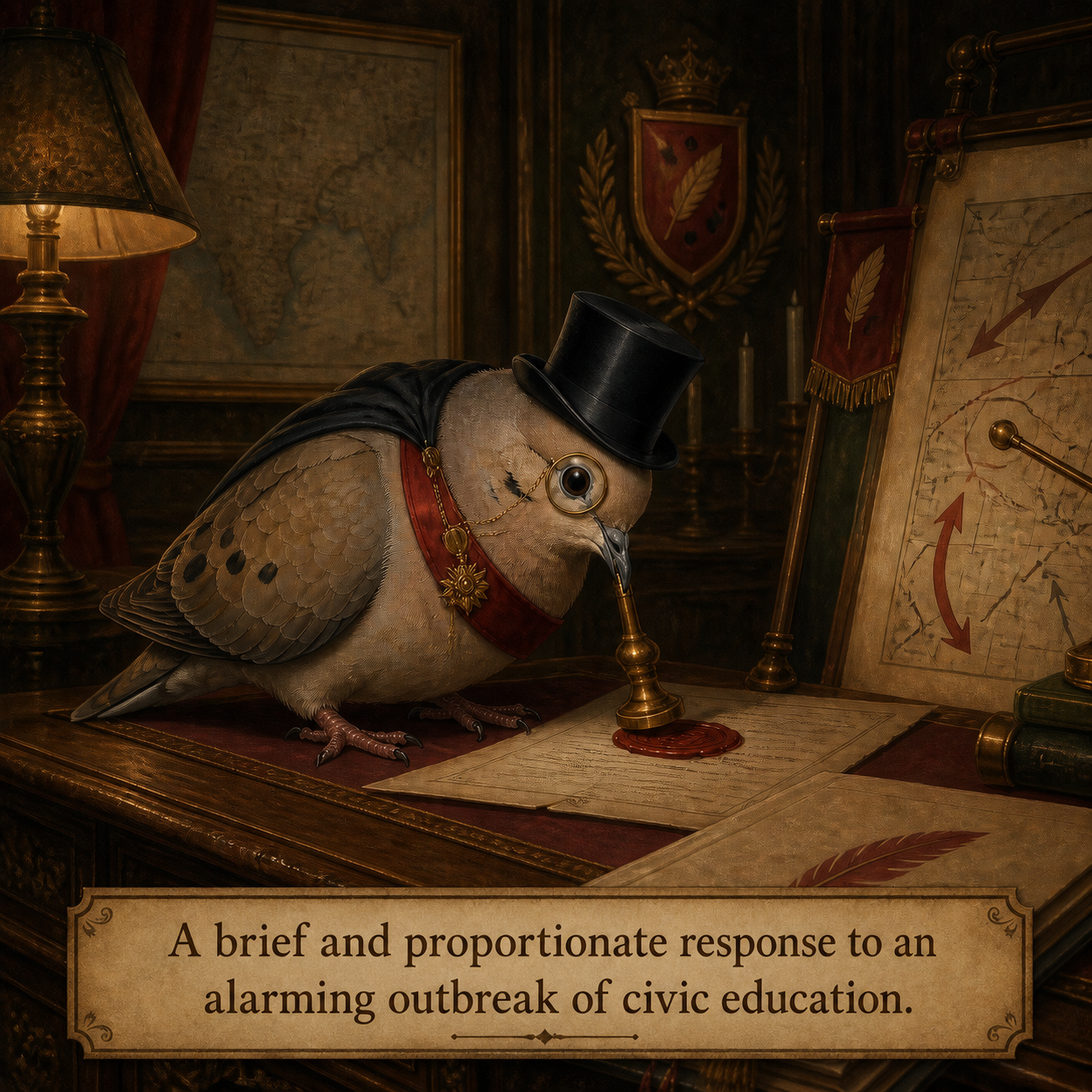 Lord Featherbottom at his desk beside a plaque reading “A brief and proportionate response to an alarming outbreak of civic education.”
