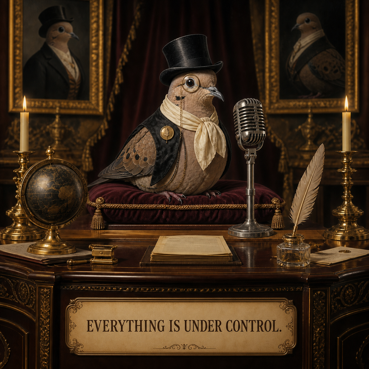 Lord Featherbottom at a podium beneath family portraits, behind a plaque reading “Everything is under control.”