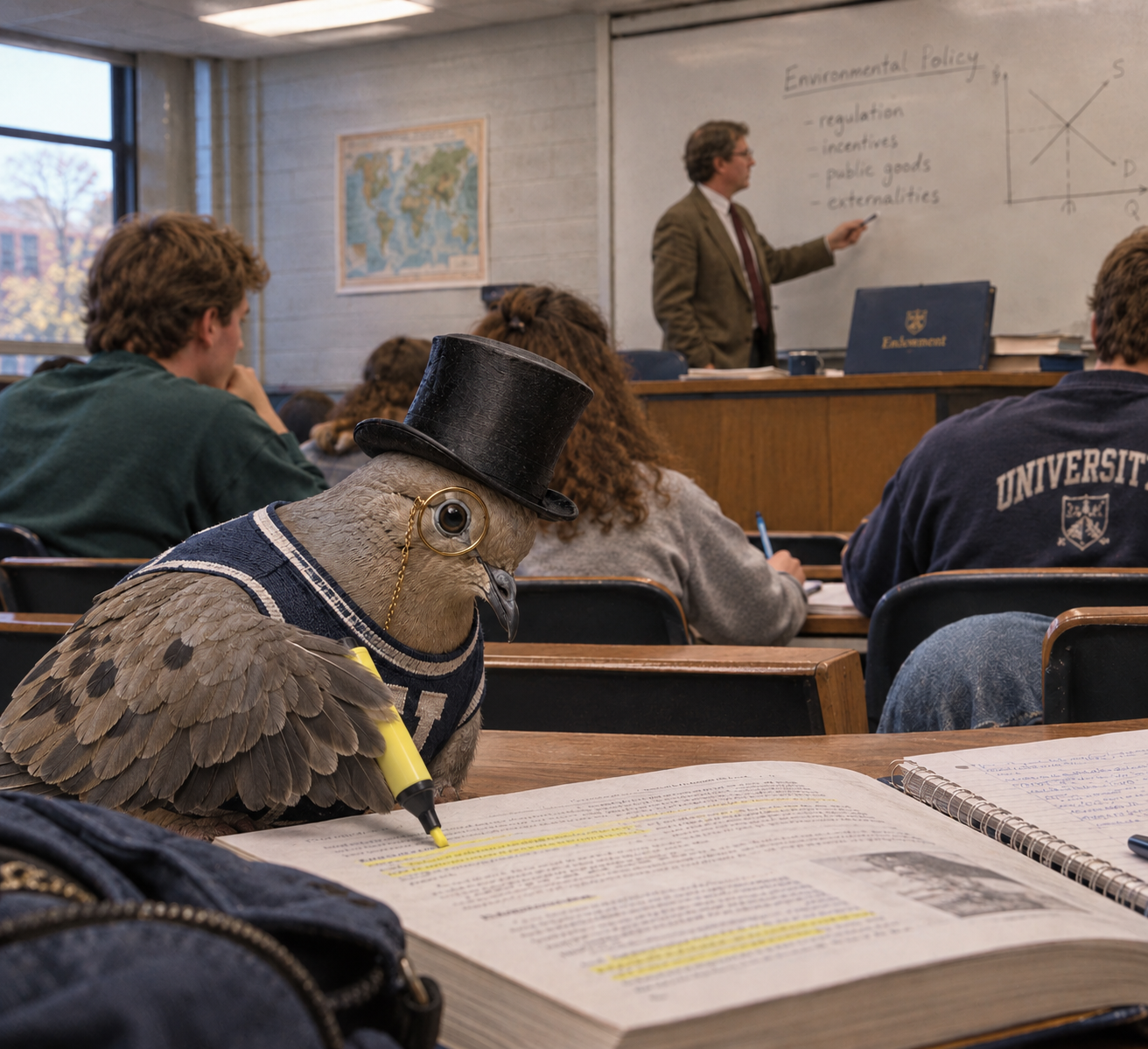 Lord Featherbottom in a university lecture hall, highlighting a textbook
