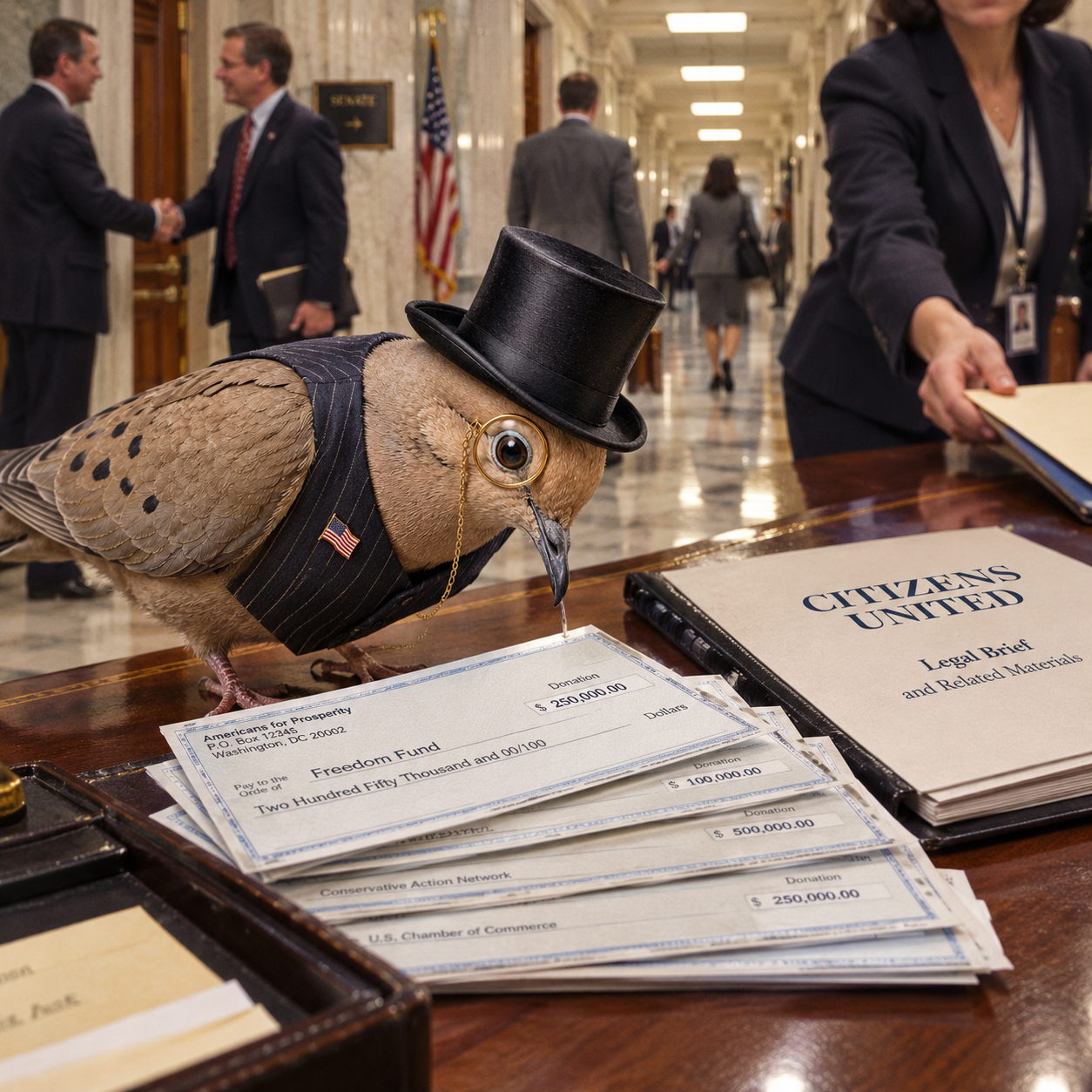 Lord Featherbottom in the halls of Congress beside a stack of cheques and a Citizens United folder