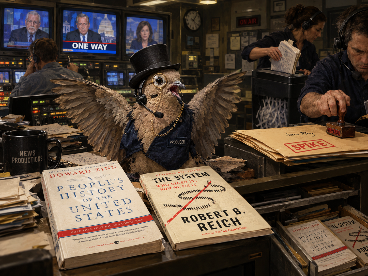 Lord Featherbottom in a newsroom beside copies of A People’s History of the United States and The System by Robert B. Reich