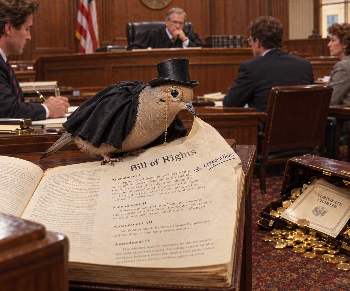 Lord Featherbottom in a courtroom, perched upon the Bill of Rights